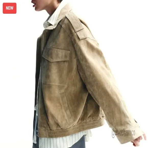 Faux Suede Bomber Jacket Oversized Blazer Long Sleeve Zipper Lapel - Picture 4 of 7